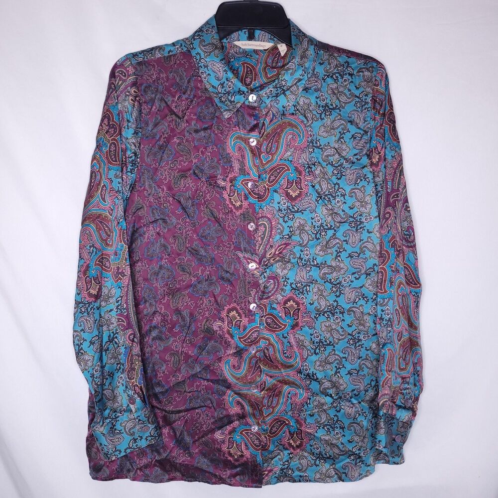 Soft Surroundings Silk Top Medium Paisley 2 Tone Button Down